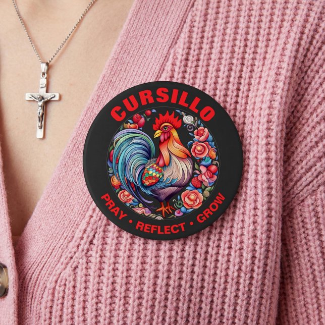 Chapa Redonda De 10 Cm Cursillo Rooster with Roses Pray Reflect Grow (Subido por el creador)