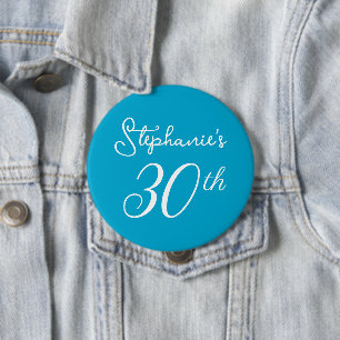 Chapa Redonda De 10 Cm Elegante Aqua Blue Monograma 30 Fiesta de cumpleañ