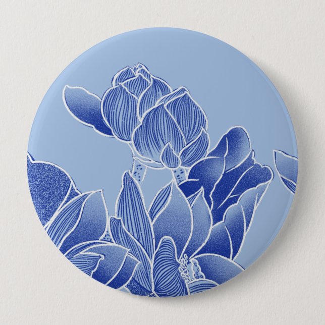 Chapa Redonda De 10 Cm Elegante Blue Chinoiserie Floral Lotus Mandala (Anverso)