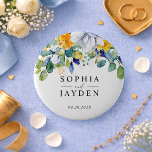 Chapa Redonda De 10 Cm Elegante floral amarillo y azul boda acuarela