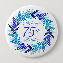 Chapa Redonda De 10 Cm Elegante guirnalda azul 75 cumpleaños