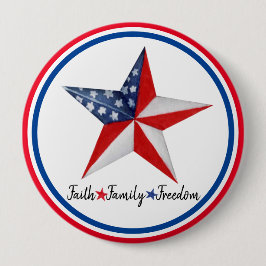 Chapa Redonda De 10 Cm Faith Family Freedom Red White Blue Star Patriótic
