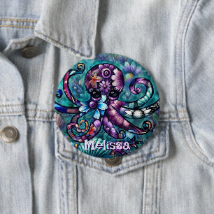 Chapa Redonda De 10 Cm Fantasía de Octopus floral Verde azulada personali