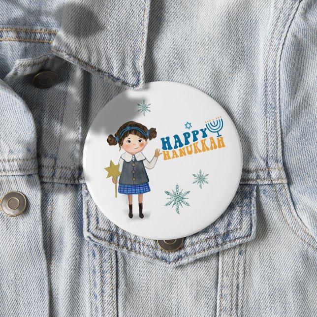 Chapa Redonda De 10 Cm Feliz Chica judío de Hanukkah (Happy Hanukkah Cute Jewish Girl Button)