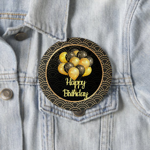 Chapa Redonda De 10 Cm Feliz cumpleaños, elegante negro y dorado,