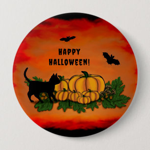 Chapa Redonda De 10 Cm Feliz Halloween, Gato Negro, Bat y Calabaza