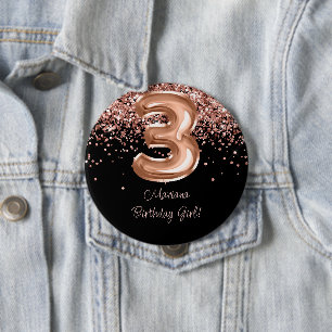 Chapa Redonda De 10 Cm Fiesta de cumpleaños número 3 Rose Gold Black