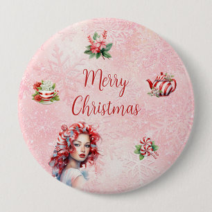 Chapa Redonda De 10 Cm Fiesta de Té de Navidad con Menta Rosa Copo de Nie
