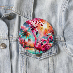 Chapa Redonda De 10 Cm Flamencos rosados tropicales palmeras personalizad