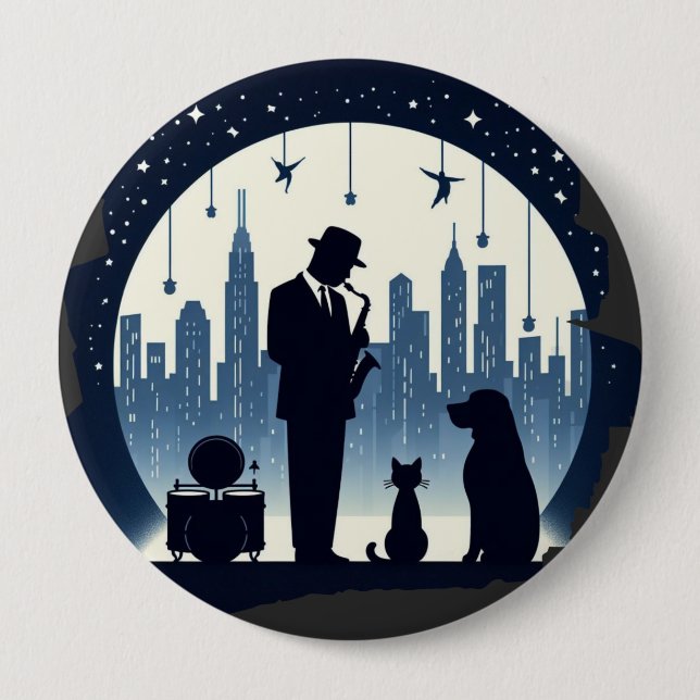 Chapa Redonda De 10 Cm Gato, perro, jazz (Anverso)