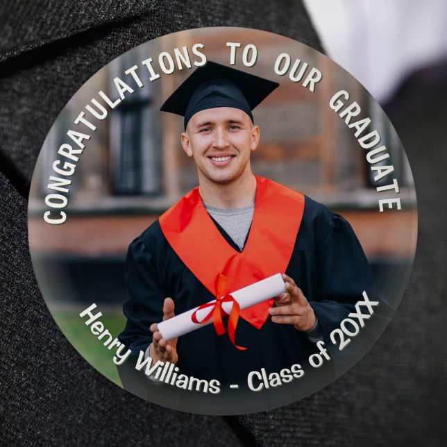 Chapa Redonda De 10 Cm Graduation Photo Custom Text Graduate Keepsake (A stylish pin button to celebrate a graduate on their graduation day, with custom photo and text)