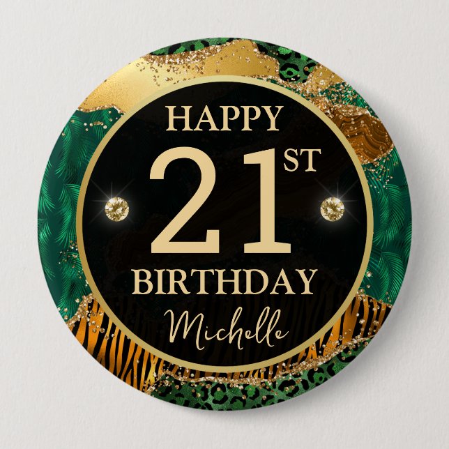 Chapa Redonda De 10 Cm Green Gold Safari Agate Birthday Badge (Anverso)