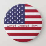 Chapa Redonda De 10 Cm Happy! American USA Flag 4th of July Personalize<br><div class="desc">Love! Peace! Joy! - Lettering. 4th of July Holiday, Happy Independence Day. American USA Flag, Abstract Fireworks, Trendy Design, Heart, Love, American Flag - Patriotic Red, White and Blue colors stripes and stars sign. Stylish Decorative elements, ornament. Personalized with your name, monogram, patriotic wishes or just delete the text. Modern...</div>