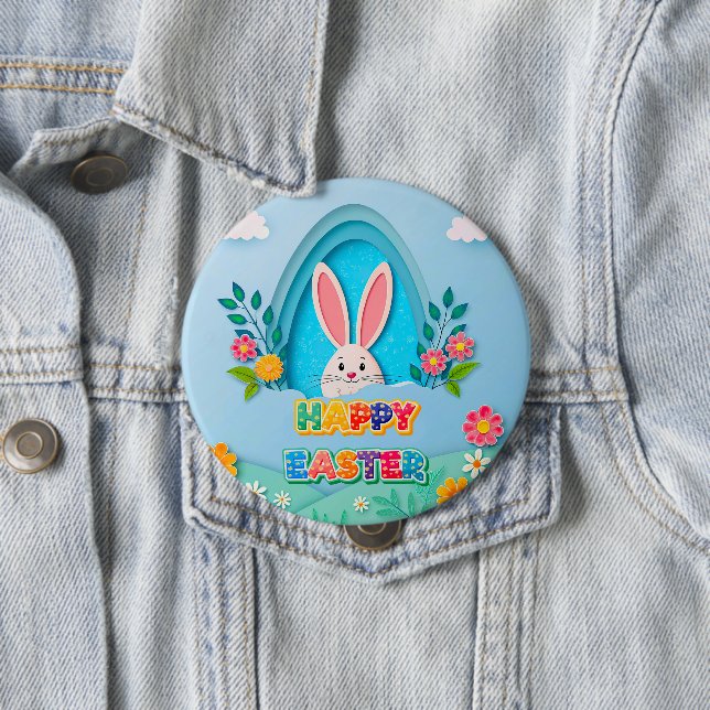 Chapa Redonda De 10 Cm Happy Easter | Whimsical Easter Bunny and Floral (In situ)