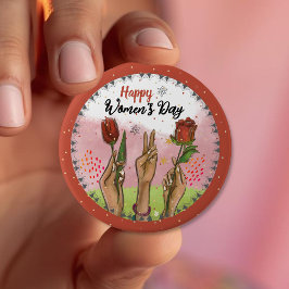 Chapa Redonda De 10 Cm Happy Women's Day Red Button Hands Holding Tulips