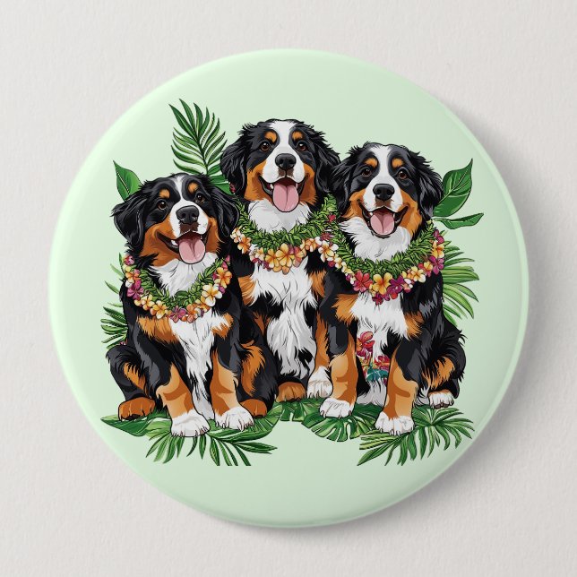 Chapa Redonda De 10 Cm Hawaiian Bernese Mountain Dogs Flower Lei (Anverso)