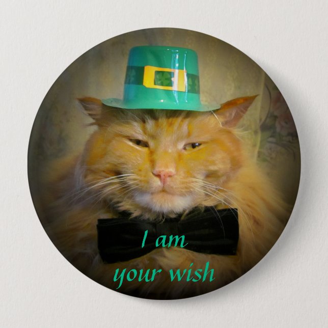 Chapa Redonda De 10 Cm Irlandés Leprechaun Cat Wish (Anverso)