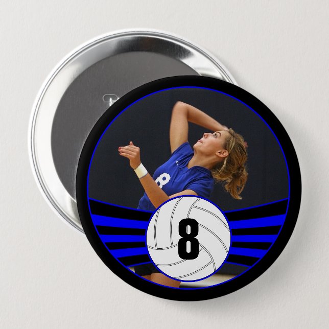 Chapa Redonda De 10 Cm Jugador de voleibol azul Personalizado foto y núme (Anverso y reverso)