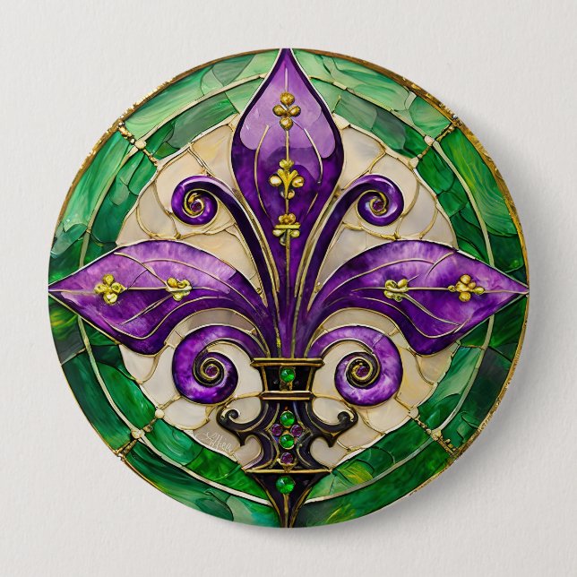 Chapa Redonda De 10 Cm Mardi Gras Sained Glass Fleur de lis (Anverso)