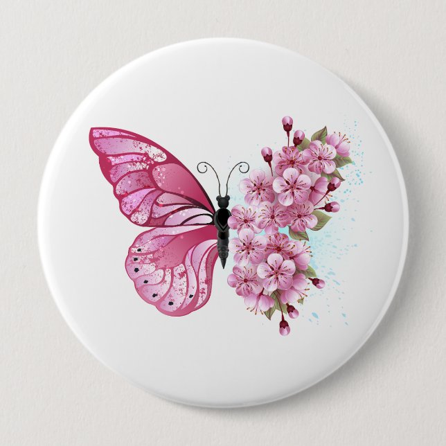 Chapa Redonda De 10 Cm Mariposa de Flor con Sakura Rosa (Anverso)