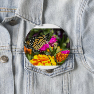 Chapa Redonda De 10 Cm Mariposa monarca en la flor rosada de Marigold