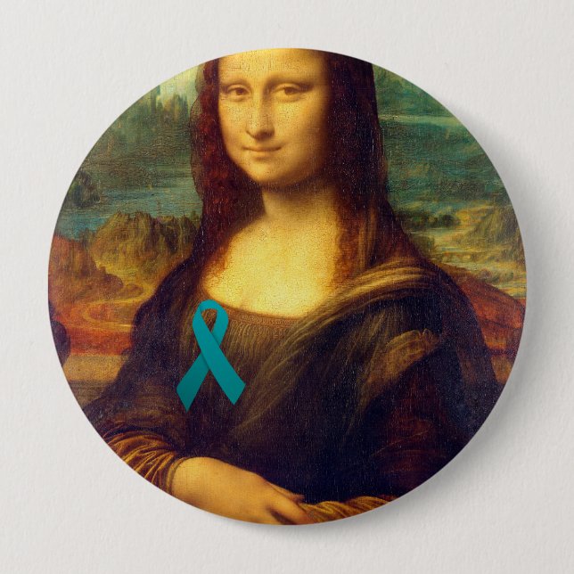 Chapa Redonda De 10 Cm Mona Lisa Con Cinta Verde azulada (Anverso)