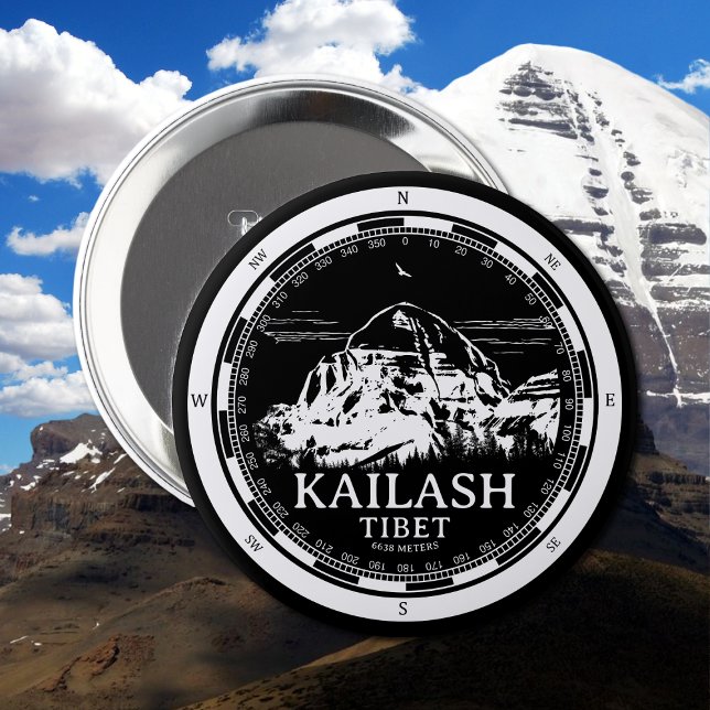 Chapa Redonda De 10 Cm Monte Kailash - Tíbet de Gang Rinpoche (Mount Kailash - Gang Rinpoche Button in Back with a white compass and mountain illustration)