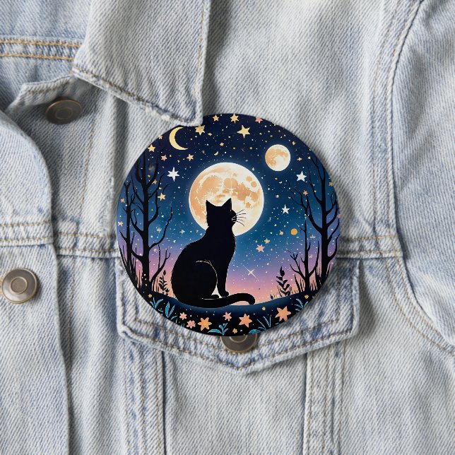 Chapa Redonda De 10 Cm Mystical Cat Moon Button | Cute Night Sky Cat Pin  (In situ)