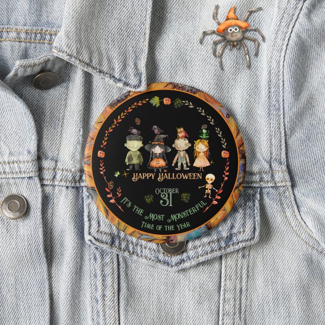 Chapa Redonda De 10 Cm Naranja Fiesta de Monsters de Halloween (Halloween Monsters Party Orange Button)