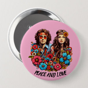 Chapa Redonda De 10 Cm Pareja hippie de los 60 niño de la flor Paz y Amor