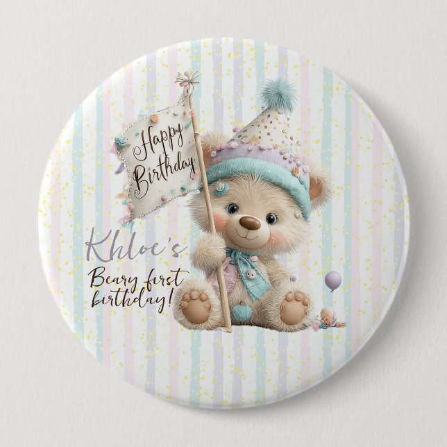 Chapa Redonda De 10 Cm Pastel Teddy Bear Birthday  (Anverso)