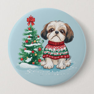 Chapa Redonda De 10 Cm Perro Santa Shih Tzu Navidad