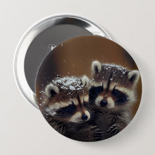 Chapa Redonda De 10 Cm Raccoons de bebé se apiñan en la nieve en caída