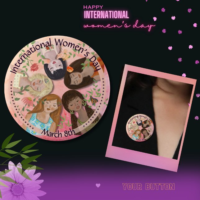 Chapa Redonda De 10 Cm Retratos femeninos rosas del Día Internacional de  (International Women's Day Pink Feminine Portraits Button)