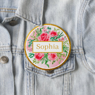 Chapa Redonda De 10 Cm Rosas rosadas, hojas verdes y doradas al estilo de