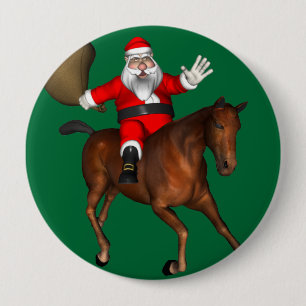 Chapa Redonda De 10 Cm Santa Claus montando un caballo marrón