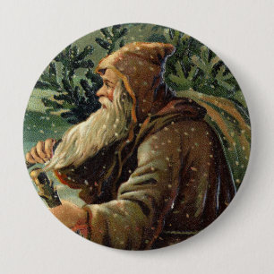 Chapa Redonda De 10 Cm Tarjeta de Navidad antigua, Santa Claus y árbol