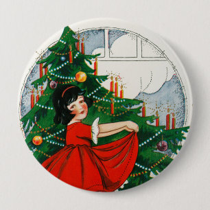 Chapa Redonda De 10 Cm Tarjeta postal retro de Navidad, niño y árbol de N