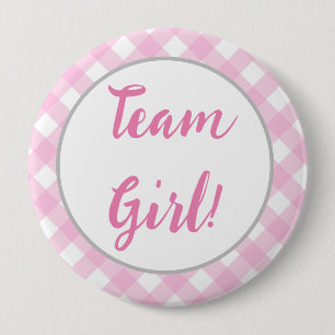 Chapa Redonda De 10 Cm Team Girl Gender Reveal Button, Pink Gingham Plaid
