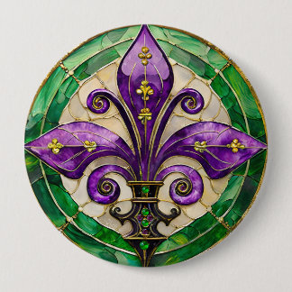 Chapa Redonda De 10 Cm Vidriera de Mardi Gras Fleur de lis