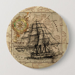Chapa Redonda De 10 Cm Vintage Vailing Ship and Old European Map