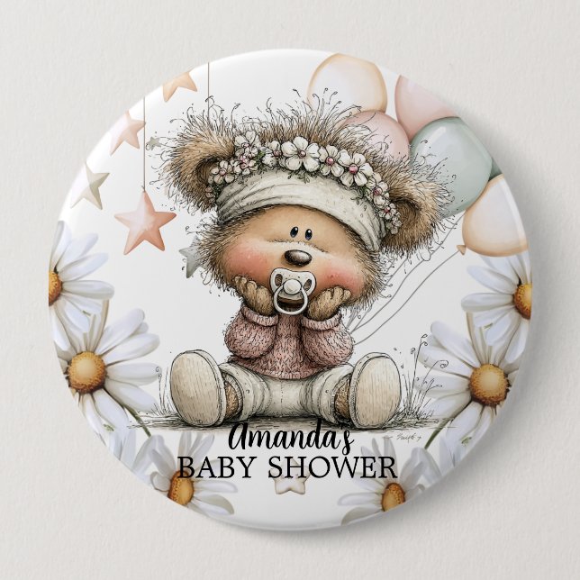 Chapa Redonda De 10 Cm Whimsical Teddy Bear Baby Shower  (Anverso)