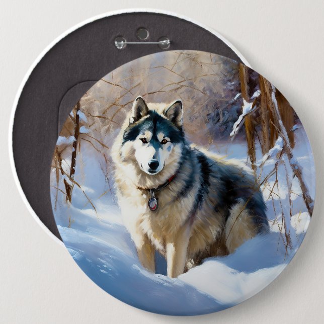 Chapa Redonda De 15 Cm Aaskan Malamute deja que nieve Navidades (Anverso y reverso)