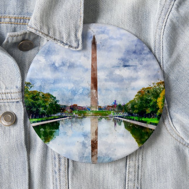 Chapa Redonda De 15 Cm acuarela del Monumento de Washington con reflexión (In situ)