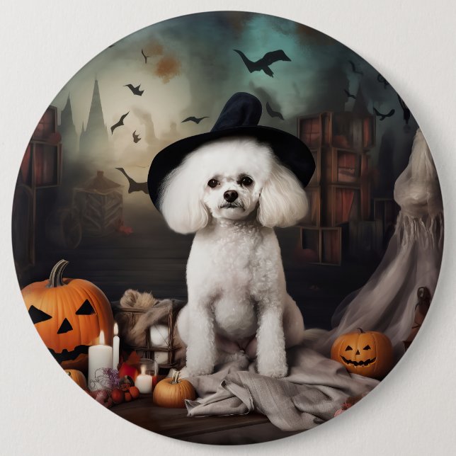 Chapa Redonda De 15 Cm Alarma de Halloween de Bichon Frise Pumpkins (Anverso)