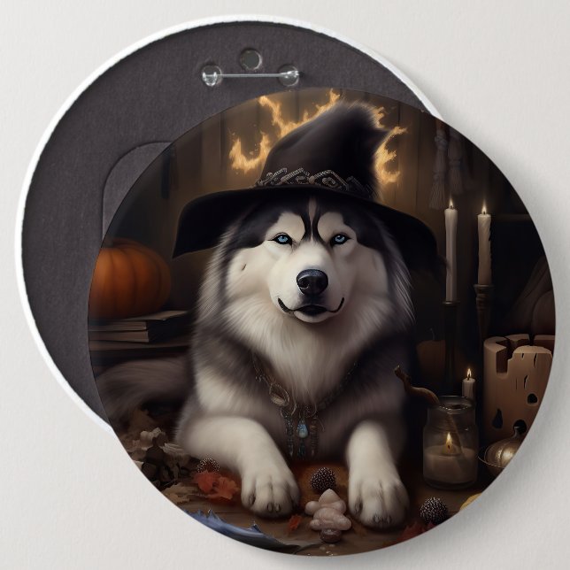 Chapa Redonda De 15 Cm Alaskan Malamute calza calabazas de Halloween (Anverso y reverso)