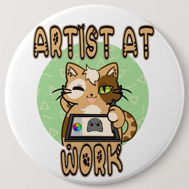 Chapa Redonda De 15 Cm Artist at work cute cat design (Anverso)
