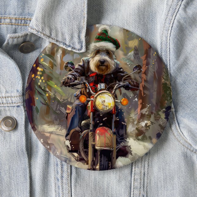 Chapa Redonda De 15 Cm Bernedoodle Dog Riding Motorcycle Christmas (In situ)