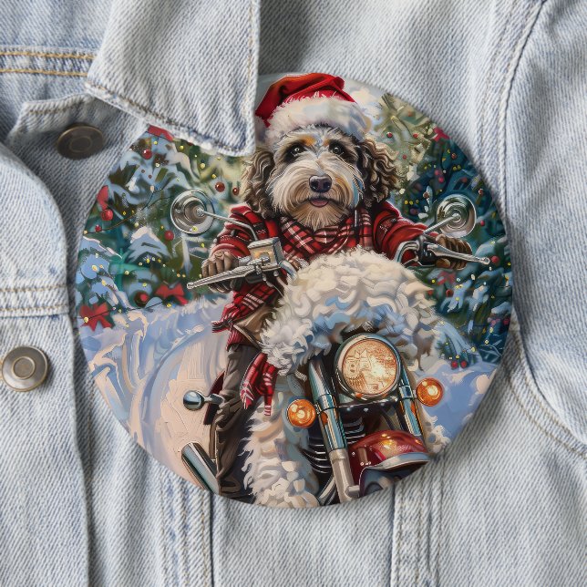 Chapa Redonda De 15 Cm Bernedoodle Dog Riding Motorcycle Christmas (In situ)