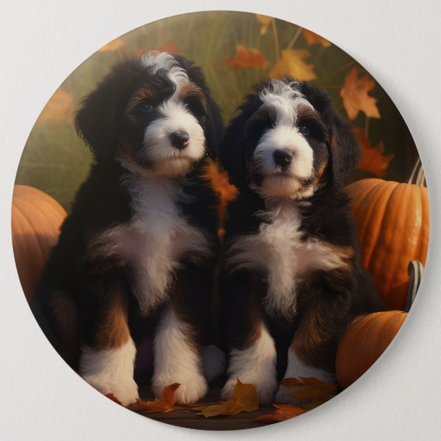 Chapa Redonda De 15 Cm Bernedoodle Puppy Autumn Delight Pumpkin (Anverso)